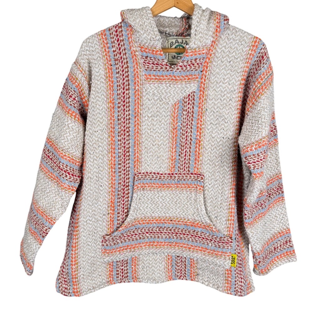Baja Joe Earth Ragz Mens Large Striped Drug Rug Hoodie Mexican Poncho Cream